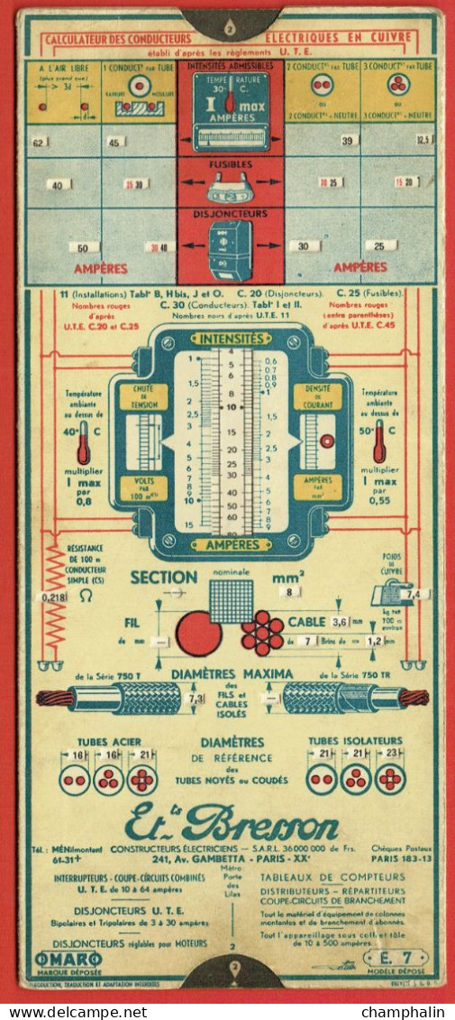 Abaque Omaro - Réglette De Calcul Intensité Réglage Disjoncteurs Protection Moteurs - Modèle E.7 - Edition 1950 Bresson - Sonstige & Ohne Zuordnung