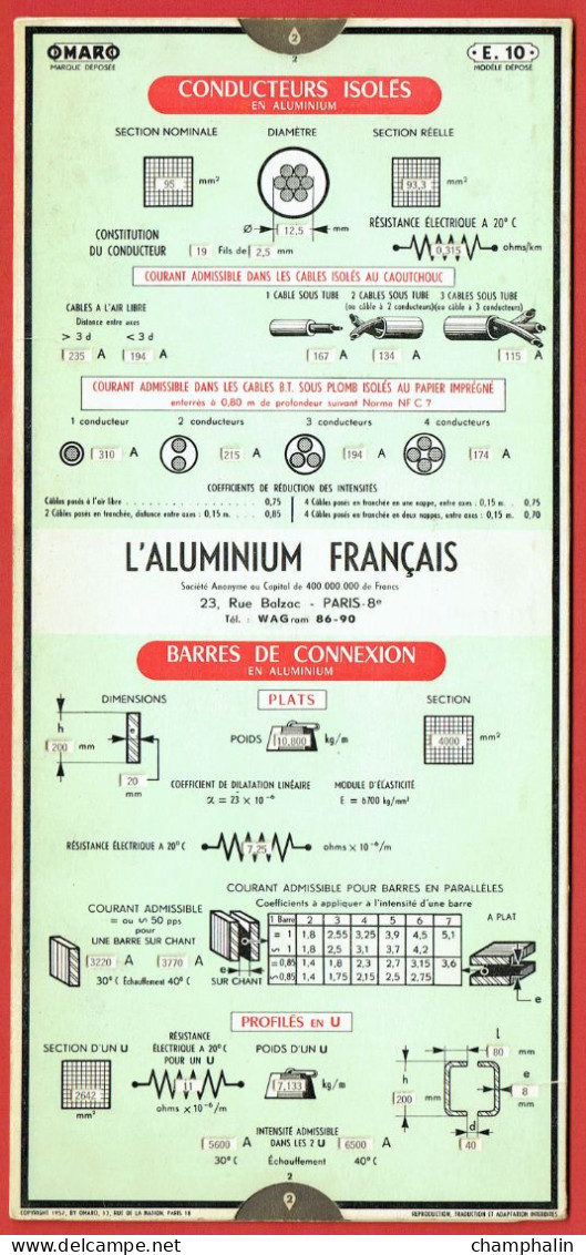 Abaque Omaro - Réglette De Calcul Raccordement Des Conducteurs En Aluminium - Modèle E.10 - Edition 1957 - Andere & Zonder Classificatie