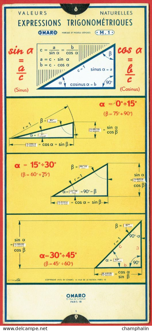 Abaque Omaro - Réglette De Calcul Expressions Trigonométriques - Modèle M.1 - Edition 1935 - Autres & Non Classés