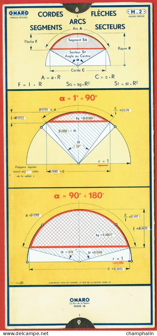 Abaque Omaro - Réglette De Calcul Cordes Flèches Arcs Segments Secteurs - Modèle M.2 - Edition 1936 - Autres & Non Classés