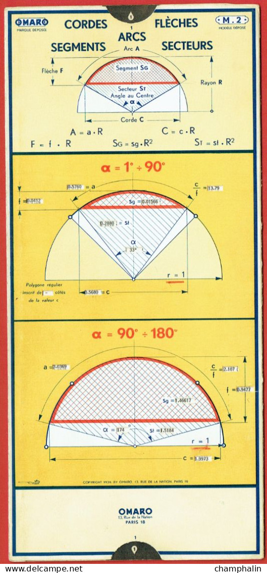 Abaque Omaro - Réglette De Calcul Cordes Flèches Arcs Segments Secteurs - Modèle M.2 - Edition 1936 - Altri & Non Classificati