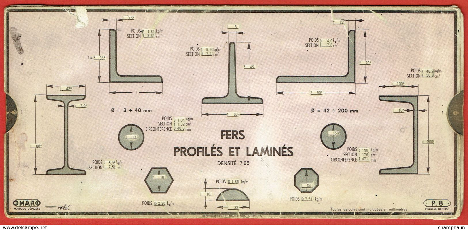 Abaque Omaro - Réglette De Calcul Fers Profilés Laminés Plats Carrés Tôles Feuillards - Modèle P.8 - Edition 1936 - Autres & Non Classés