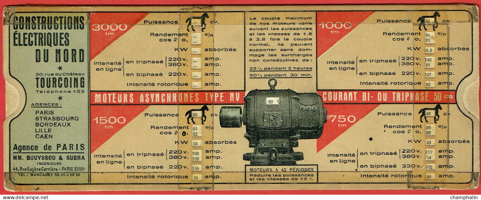 Abaque Normus - Réglette De Calcul Moteurs Asynchrones Type NV - Constructions Electriques Du Nord - Edition 1930 - Sonstige & Ohne Zuordnung