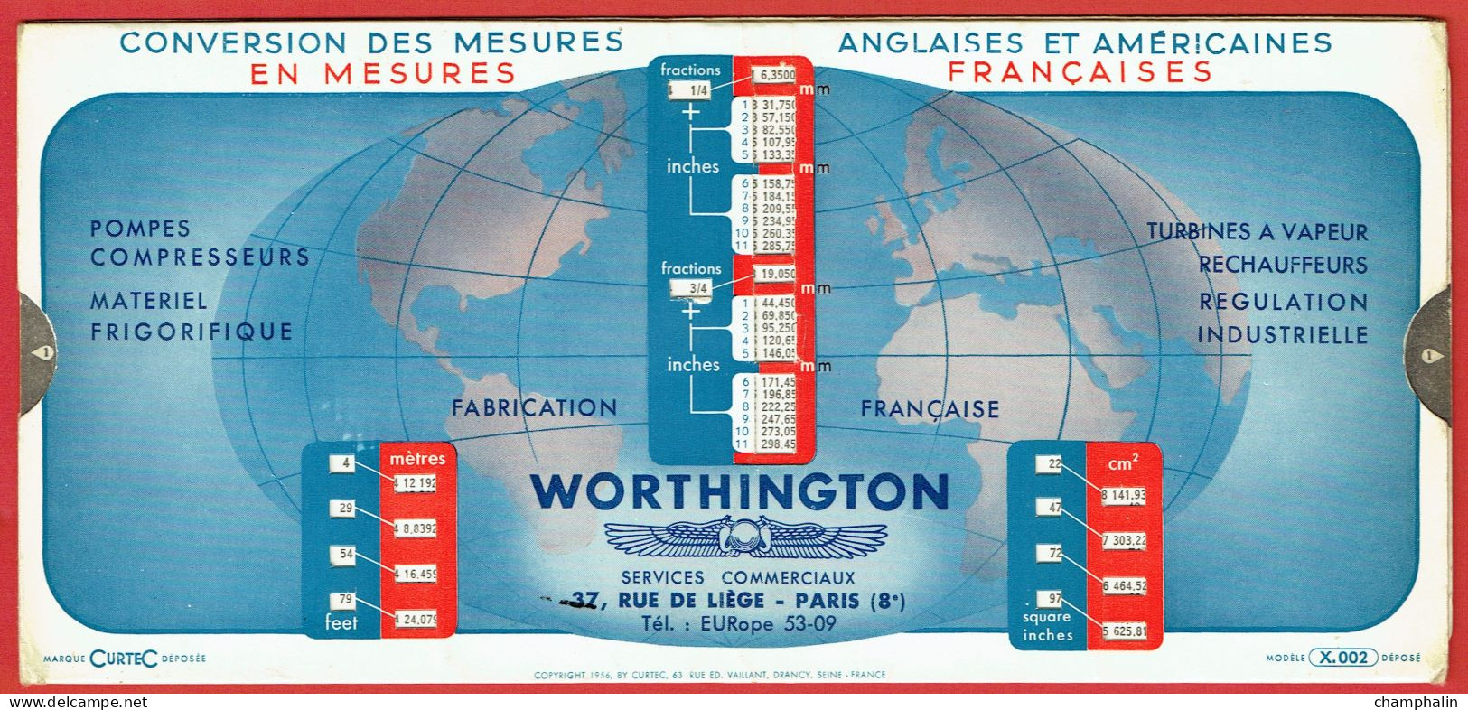 Abaque Curtec - Réglette De Calcul Conversion Mesures GB & US En Mesures Françaises - Modèle X.002 - Edition 1956 - Altri & Non Classificati