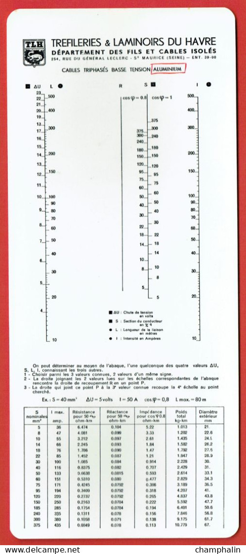 Abaque TLH - Réglette Calcul Câbles Triphasés Basse Tension Cuivre Aluminium - 1952 - Tréfileries & Laminoirs Du Havre - Other & Unclassified