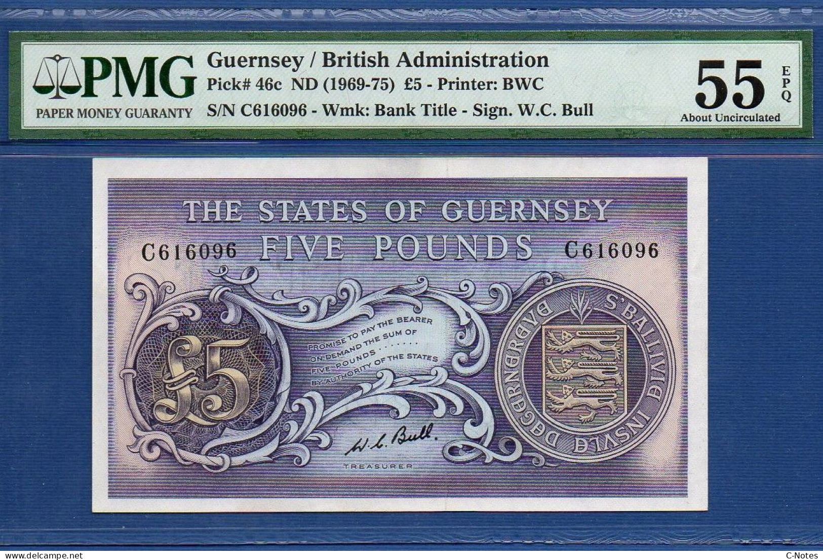 GUERNSEY - P. 46c -  5 Pounds ND (1969 -1975) AUNC / PMG 55, S/n C616096 - Guernesey