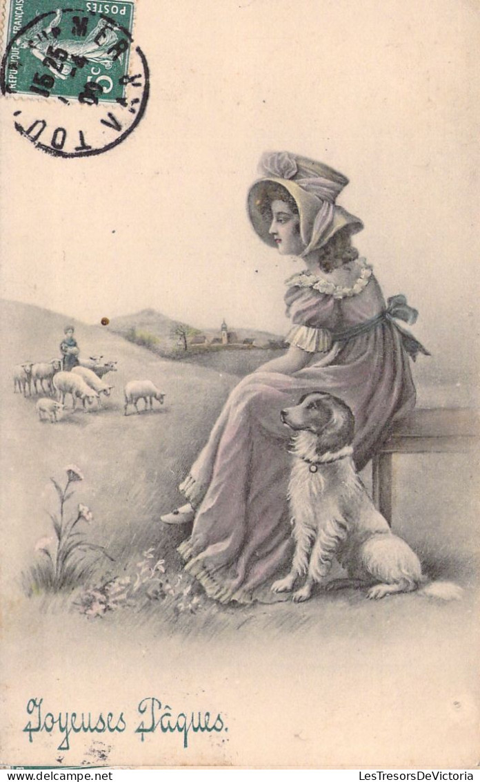 ILLUSTRATEUR SIGNEE VIENNE - Joyeuses Pâques - Femme Et Son Chien N°4025 - Carte Postale Animée - Vienne