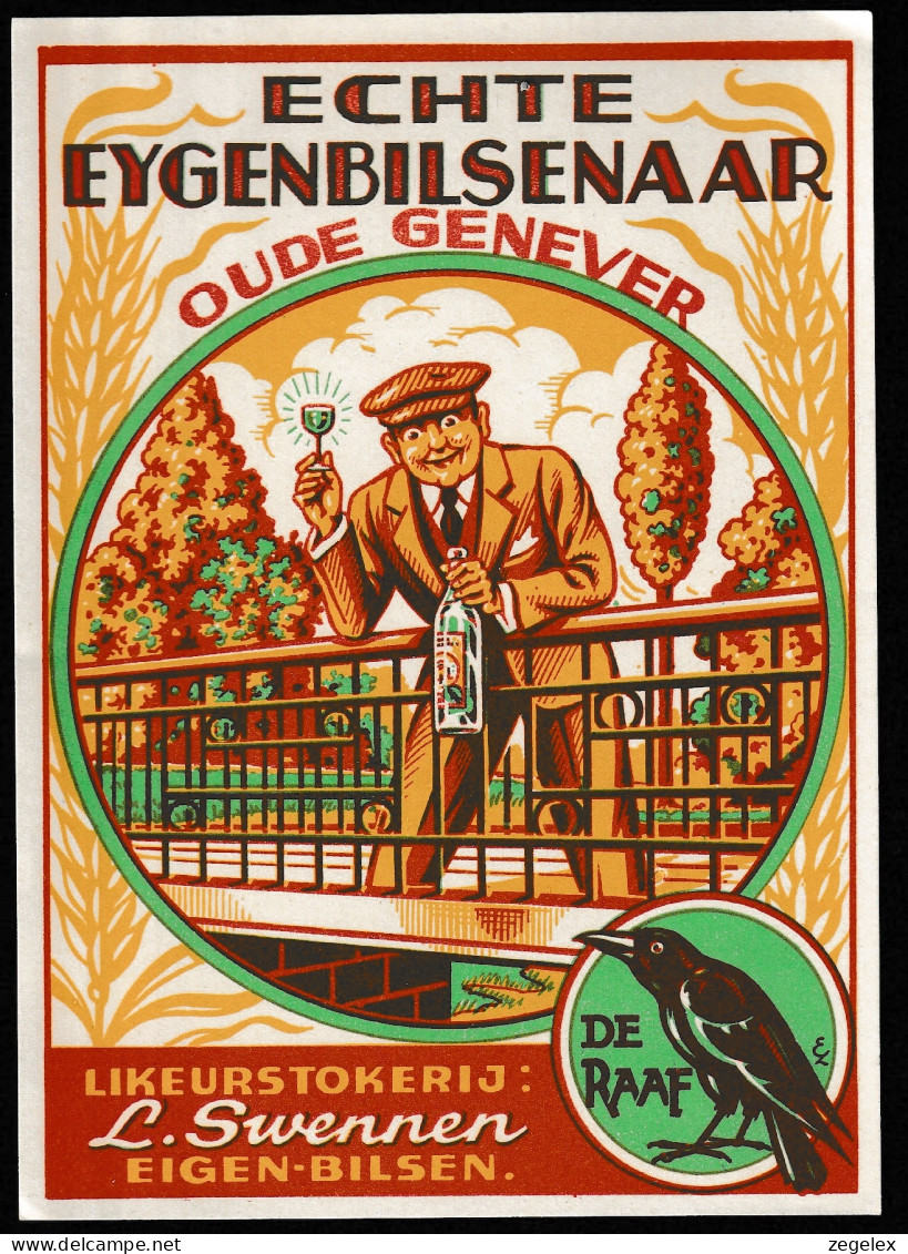 Etiket Oude Genever, Echte Eygenbilsenaar, Likeur, Eigen-Bilsen. Bird, Jenever, Vogel, Etikett,Liqueur Label, Corbeau - Whisky