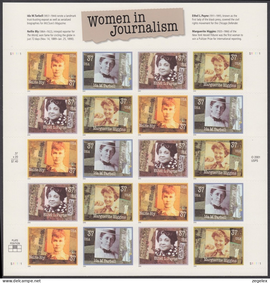 USA 2002 Women In Journalism -  Sheet, Pane Of 20 Postfris MNH** Scott No. 3665-3668a - Sheets