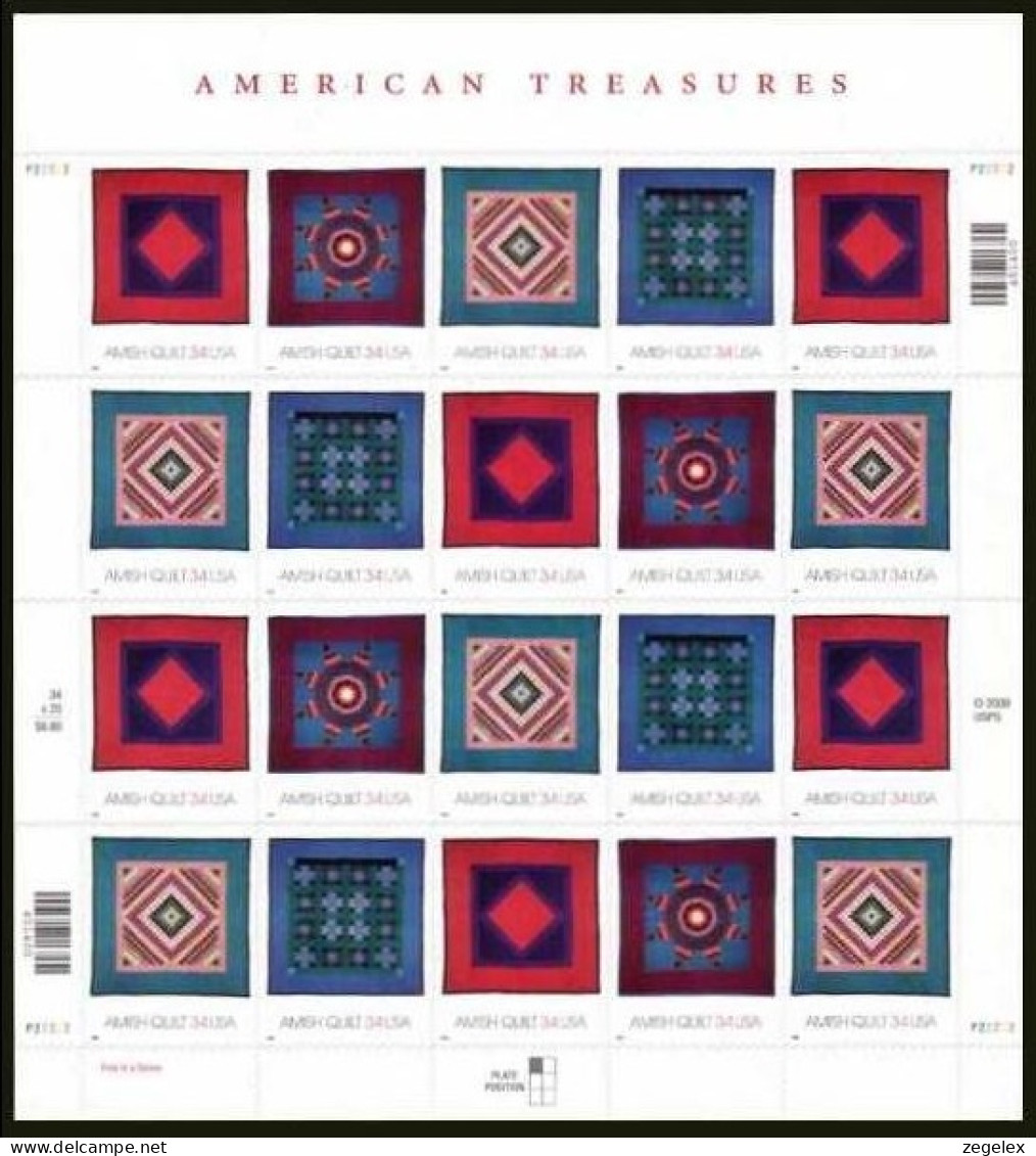 USA 2001 American Treasures Series - Amish Quilts - Sheet Postfris MNH** Scott No. 3524-3527a - Volledige Vellen