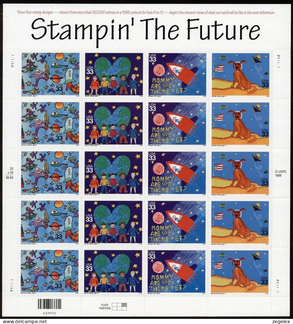 USA 2000 Stampin' The Future - Sheet, Pane Of 20 Postfris MNH** Scott No. 3414-3417a See Description - Fogli Completi