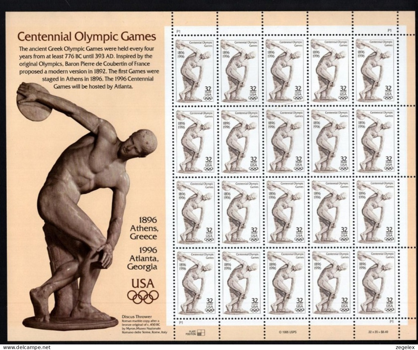 USA 1996 Centennial Olympic Games. Pane Of 20, Sheet Postfris MNH** Scott No. 3087 - Fogli Completi