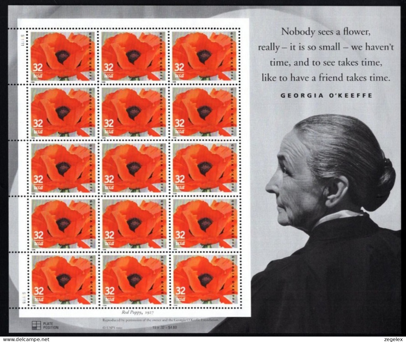 USA 1996 Georgia O'Keeffe - Flower. Pane Of 15, Sheet Postfris MNH** Scott No. 3069 - Sheets