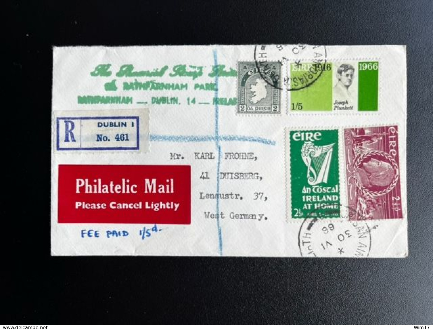 IRELAND 1966 REGISTERED LETTER DUBLIN TO DUISBURG 30-06-1966 IERLAND EIRE - Storia Postale