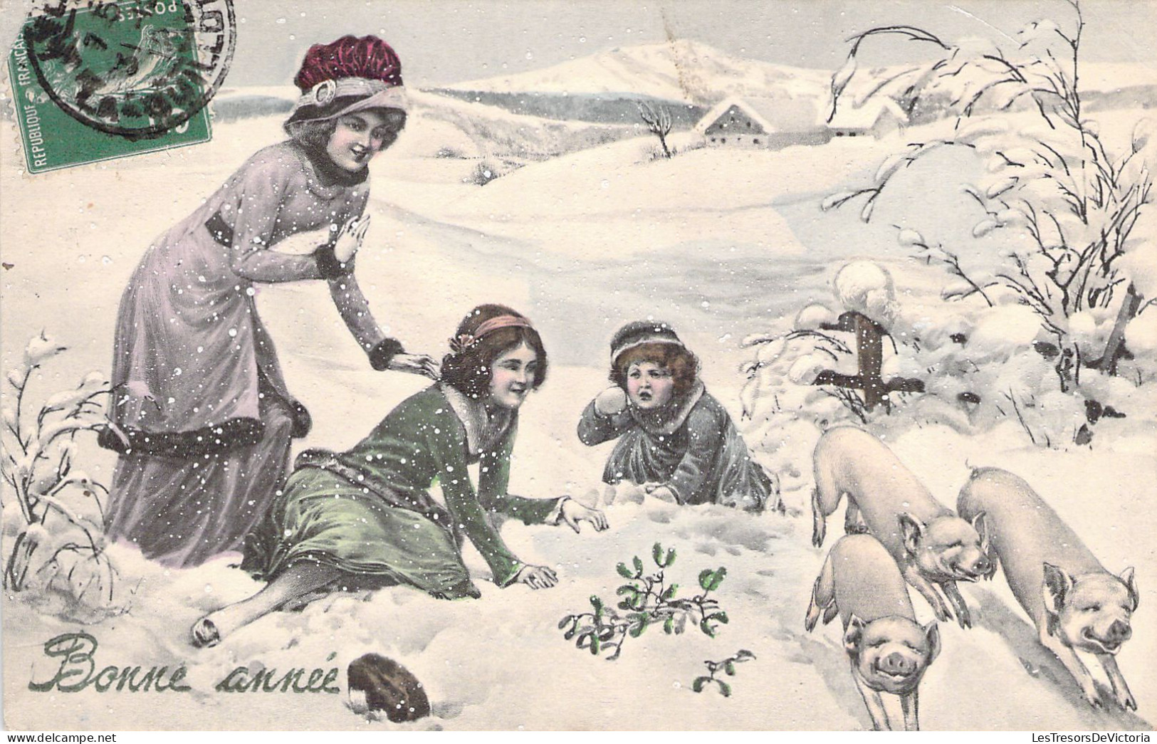 ILLUSTRATEUR SIGNEE VIENNE - Bonne Année - Femme Et Ses Filles - Cochons  5253 - Carte Postale Animée - Vienne