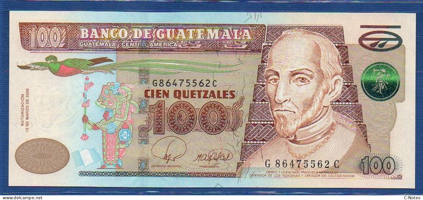 GUATEMALA - P.119 – 100 Quetzales 12.03.2008 UNC, S/n G86475562C, Printer: Johan Enschede, Netherlands - Guatemala