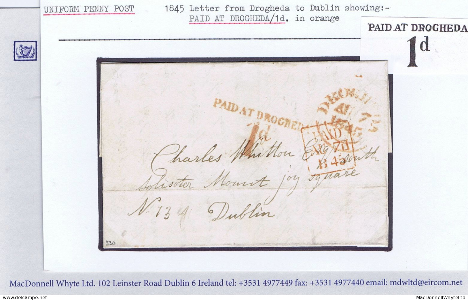 Ireland Louth Uniform Penny Post 1845 Letter To Dublin With PAID AT DROGHEDA/1d Red DROGHEDA AU 7 1845 - Préphilatélie