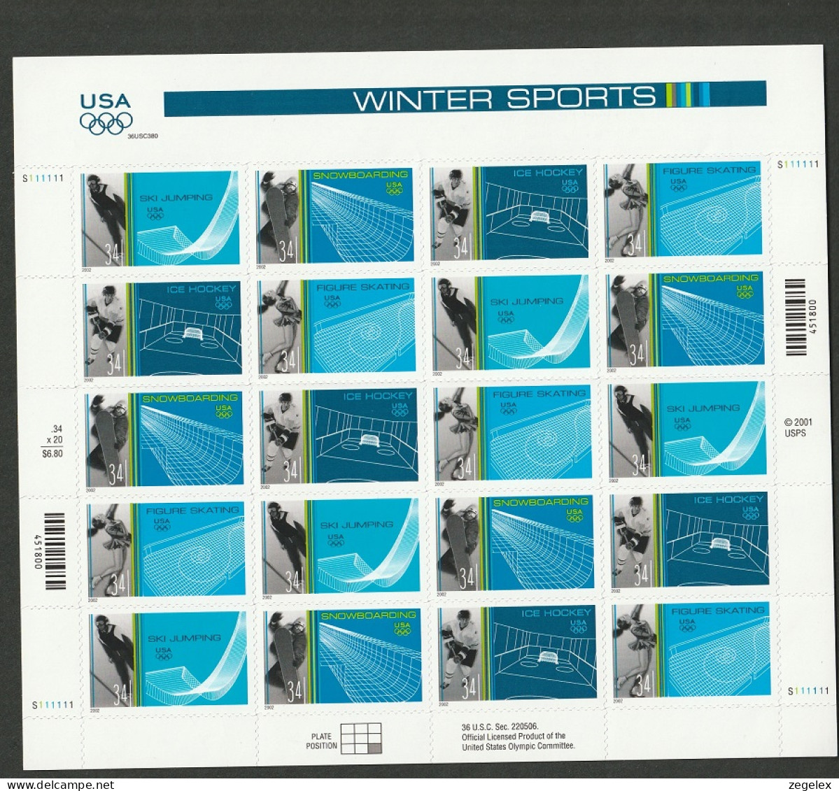 USA 2002 Winter Olympics - Pane Of 20 - Sheet Postfris MNH** Scott No. 3552-3555a. - Fogli Completi