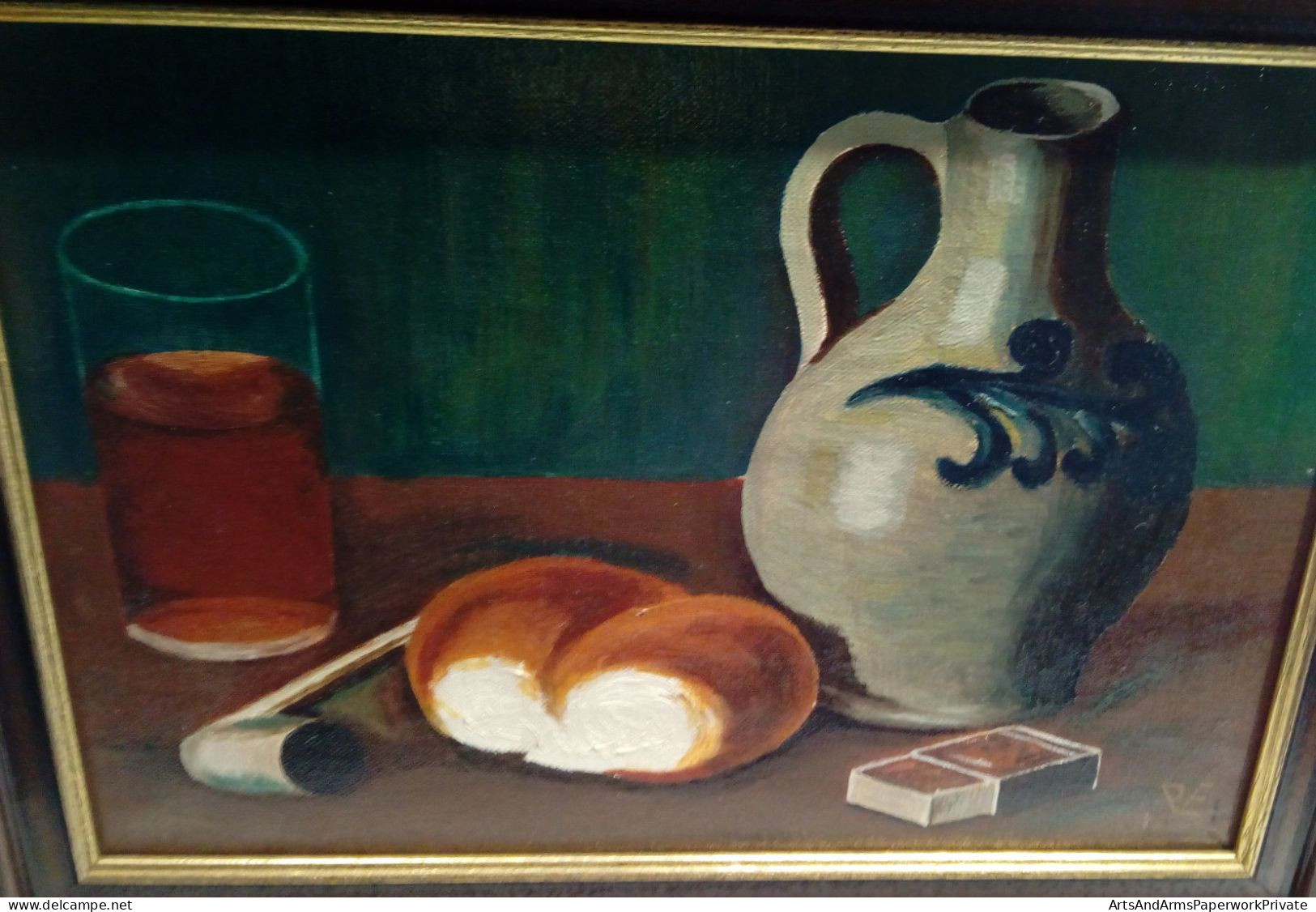 Nature Morte : Cruche, Pain, Pipe, Allumettes, Verre D'alcool/ Still Life: Jug, Bread, Pipe, Matches, Glass Of Liquor - Huiles