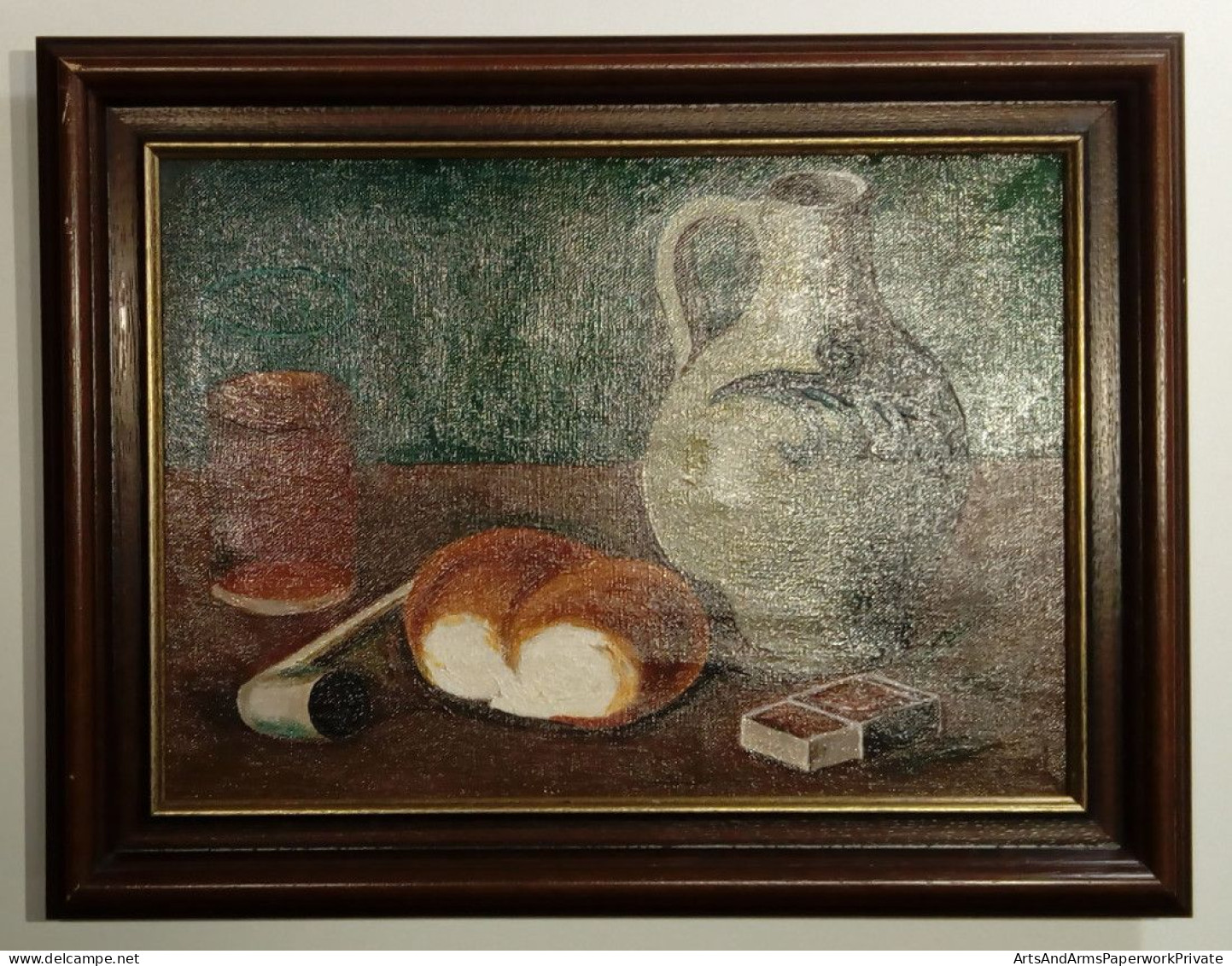 Nature Morte : Cruche, Pain, Pipe, Allumettes, Verre D'alcool/ Still Life: Jug, Bread, Pipe, Matches, Glass Of Liquor - Huiles