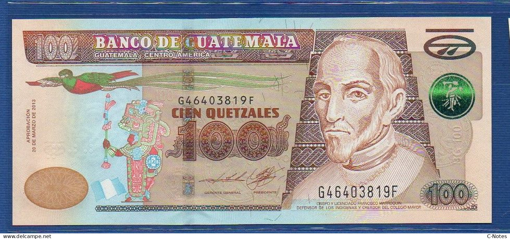 GUATEMALA - P.126c – 100 Quetzales 20.03.2013 UNC Serie G46403819F, Printer: Oberthur Fiduciaire, France - Guatemala