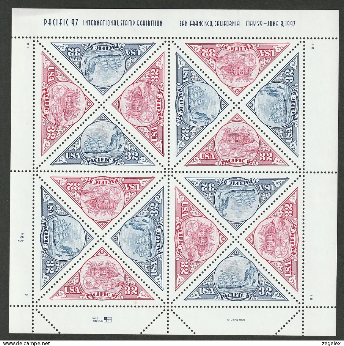 USA 1997 Pacific 97 - Sheet, Pane Of 16 Postfris MNH** Scott No. 3130-3131a - Feuilles Complètes