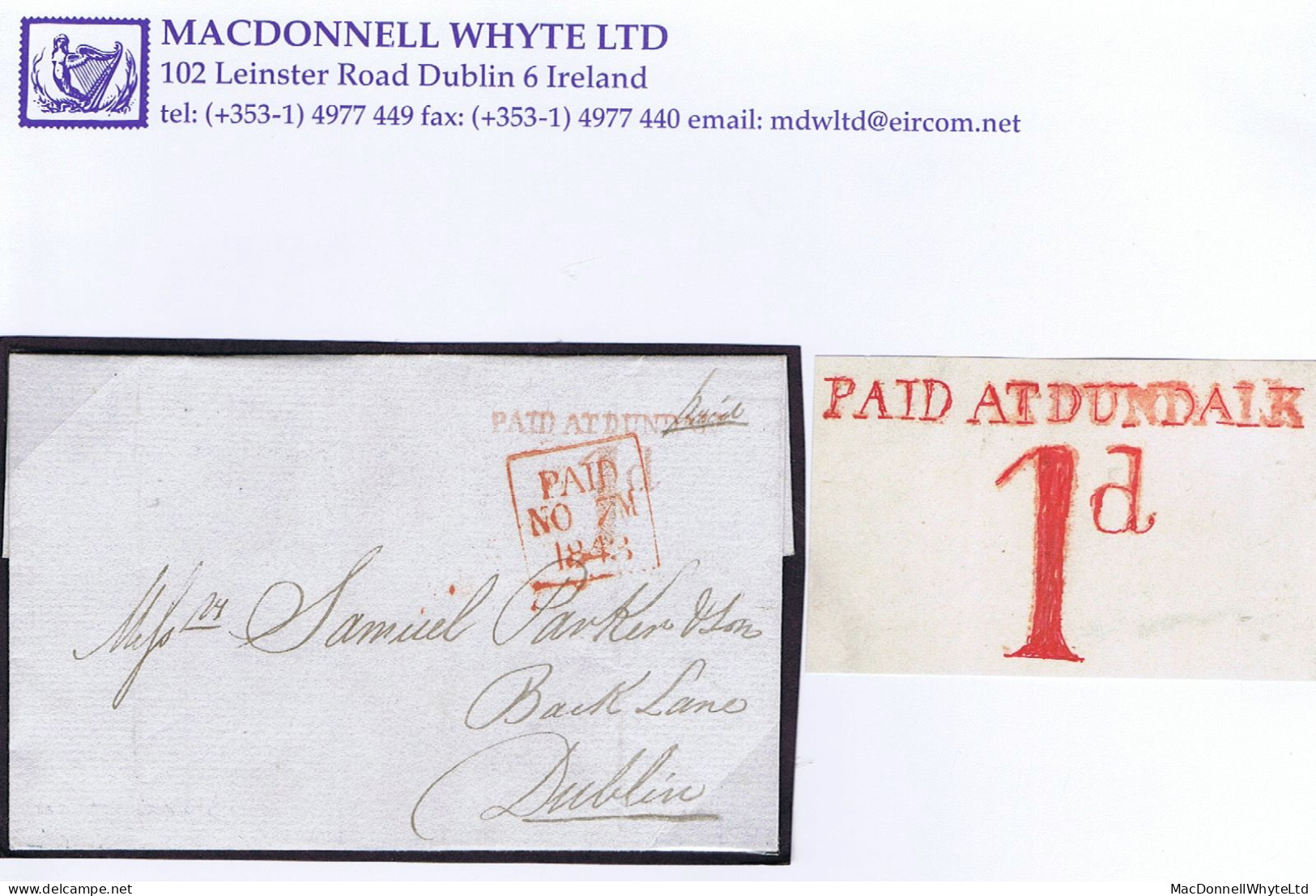 Ireland Louth Uniform Penny Post 1843 Clean Cover To Dublin Prepaid Single With PAID AT DUNDALK/1d In Red - Préphilatélie
