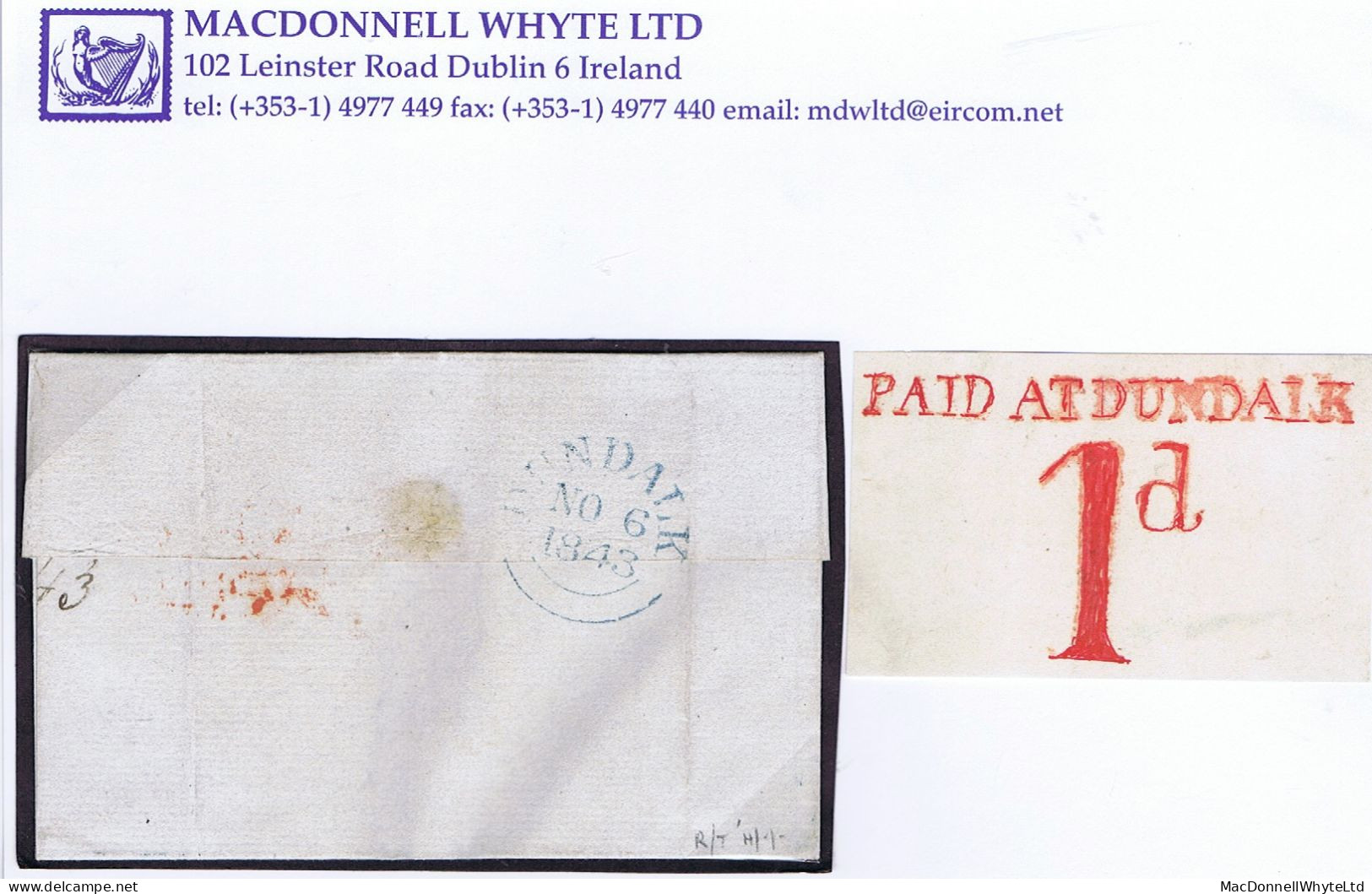 Ireland Louth Uniform Penny Post 1843 Clean Cover To Dublin Prepaid Single With PAID AT DUNDALK/1d In Red - Prephilately