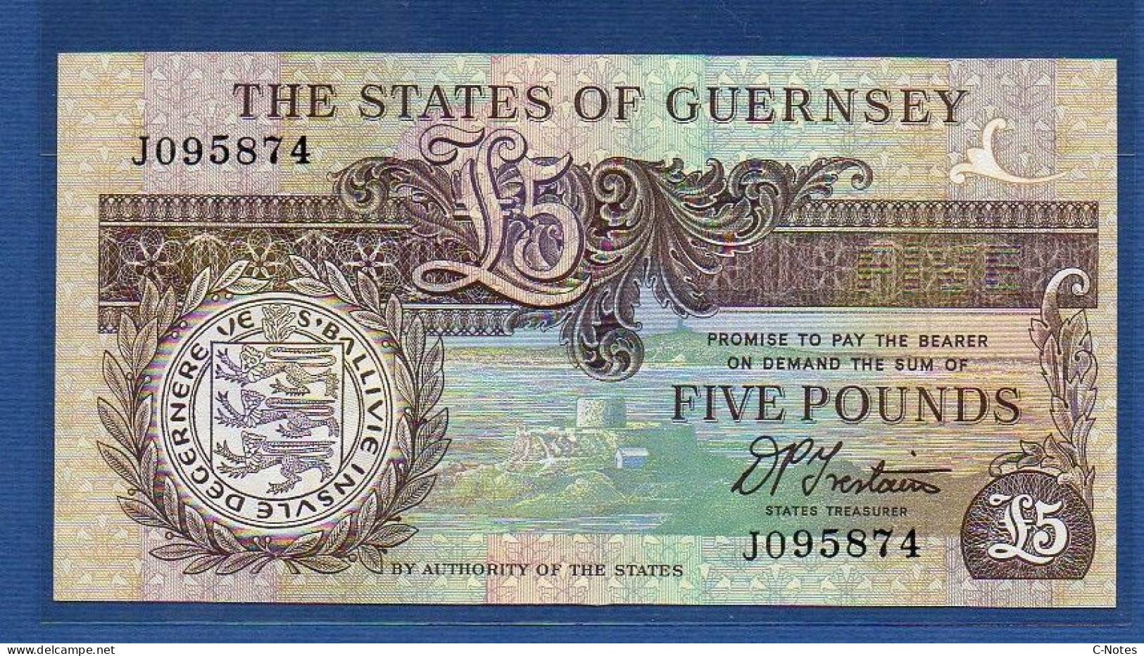 GUERNSEY - P. 53b -  5 Pounds ND (1991 -1995) AUNC, S/n J095874 - Guernesey