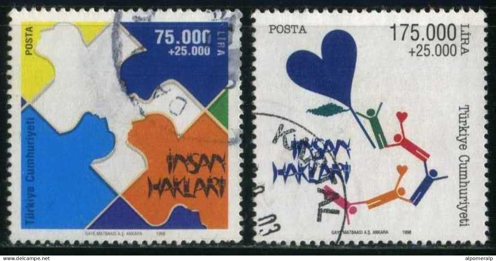 Türkiye 1998 Mi 3165-3166 Human Rights | Puzzle Piece Outlines Of People's Faces & Heart-Shaped Kite With People As Tail - Usati