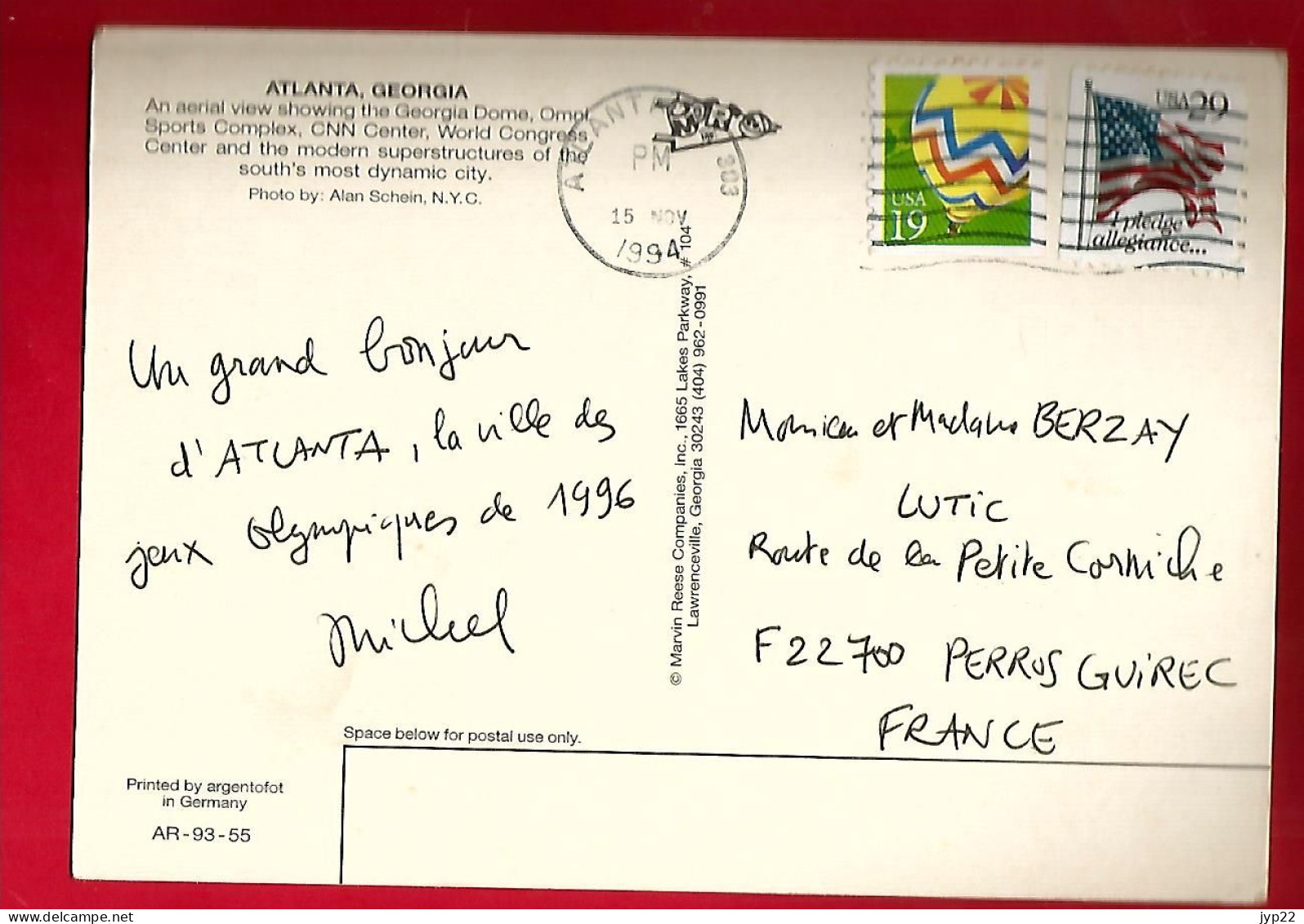 CP Etats Unis Georgia Atlanta Vue Aérienne - CAD 15-11-1994 Pour Mr Berzay Lutic Perros Guirec - Tp Drapeau US - Atlanta