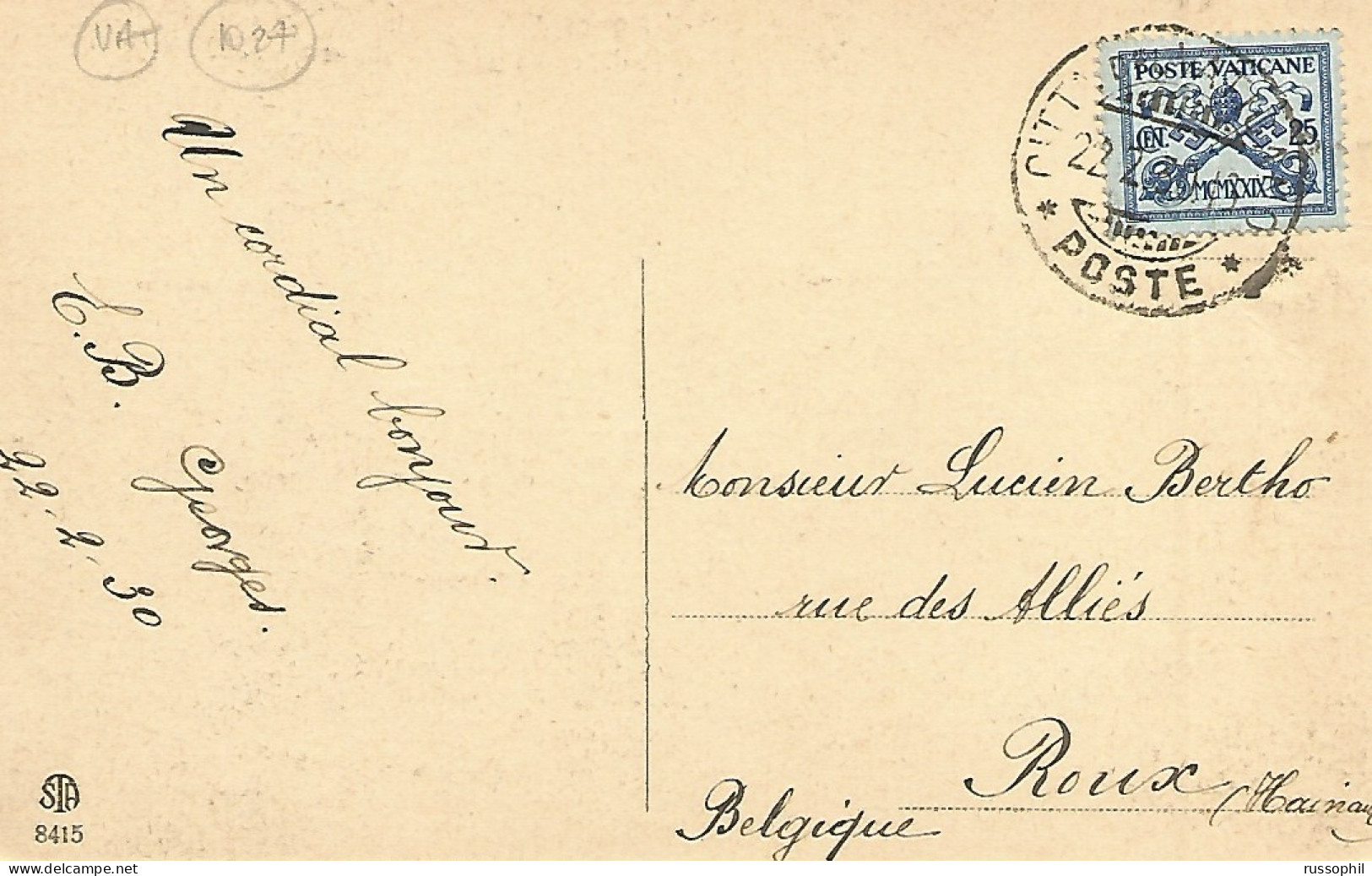 VATICAN - Mi #4 ALONE FRANKING POSTCARD TO BELGIUM - 1930 - Briefe U. Dokumente