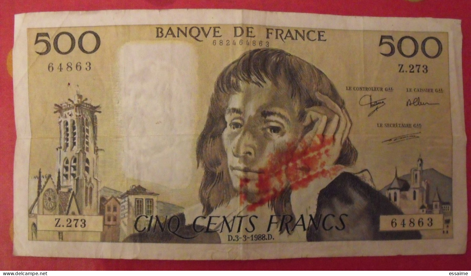 France. 500 Cinq Cents Francs Pascal. Z.273. 3-3-1988. état D'usage. Tache Rouge (annulation ?) - 500 F 1968-1993 ''Pascal''