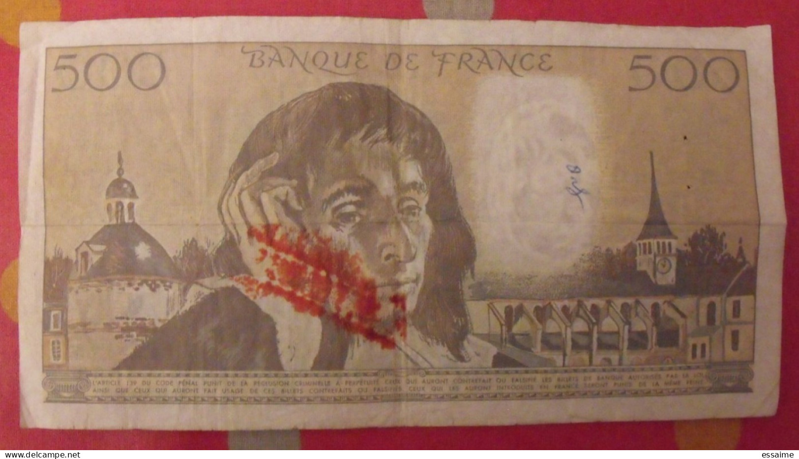 France. 500 Cinq Cents Francs Pascal. Z.273. 3-3-1988. état D'usage. Tache Rouge (annulation ?) - 500 F 1968-1993 ''Pascal''
