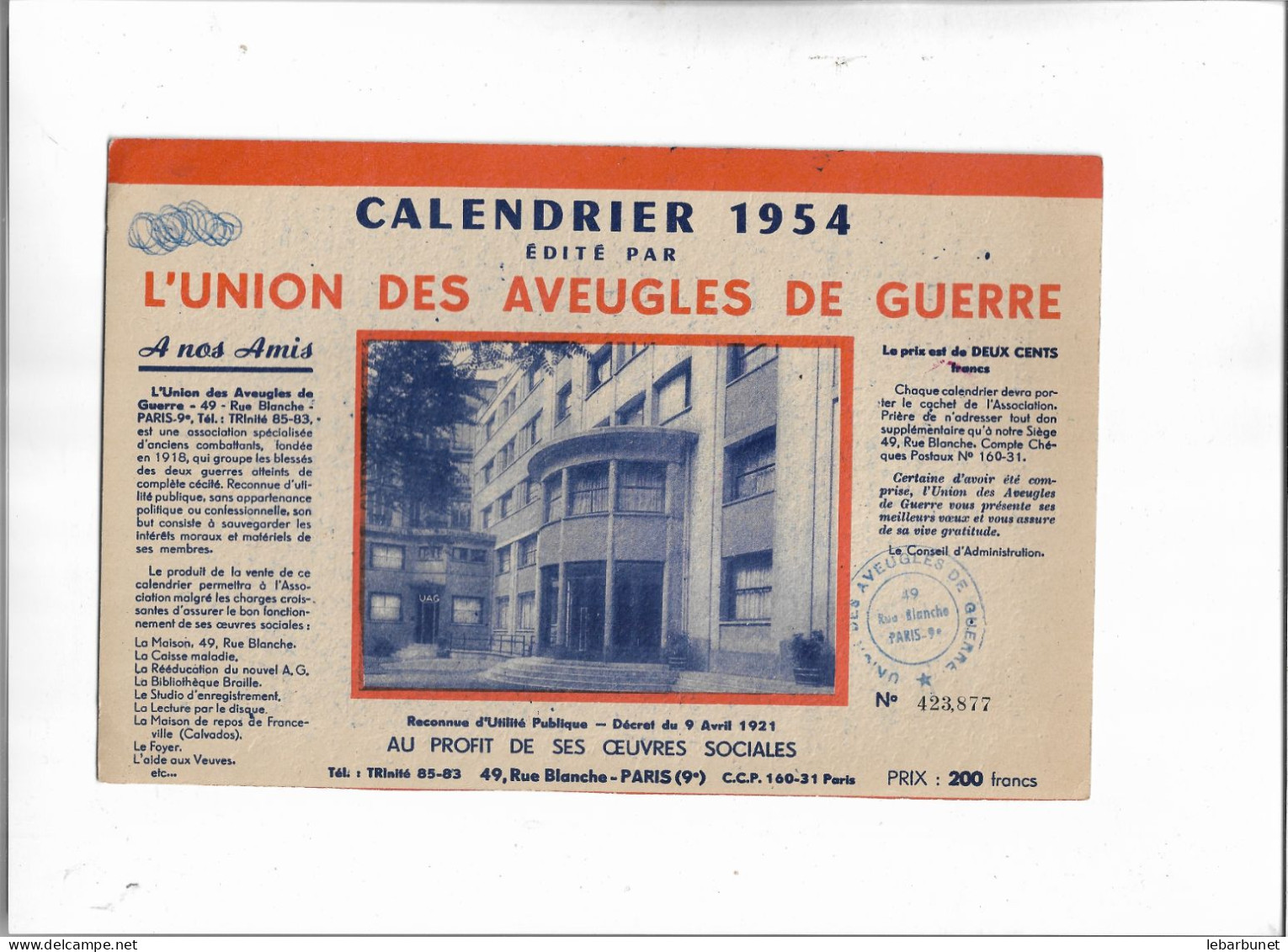 Buvard Ancien L'Union Des Aveugles De Guerre Pub Calendrier 1954 - A