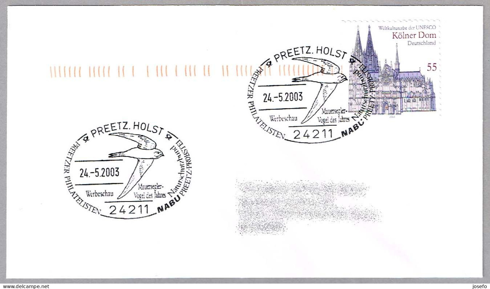 VENCEJO - COMMON SWIFT - MAUERSEGLER. Apus Apus. Preetz Holst, 2003 - Mechanical Postmarks (Advertisement)