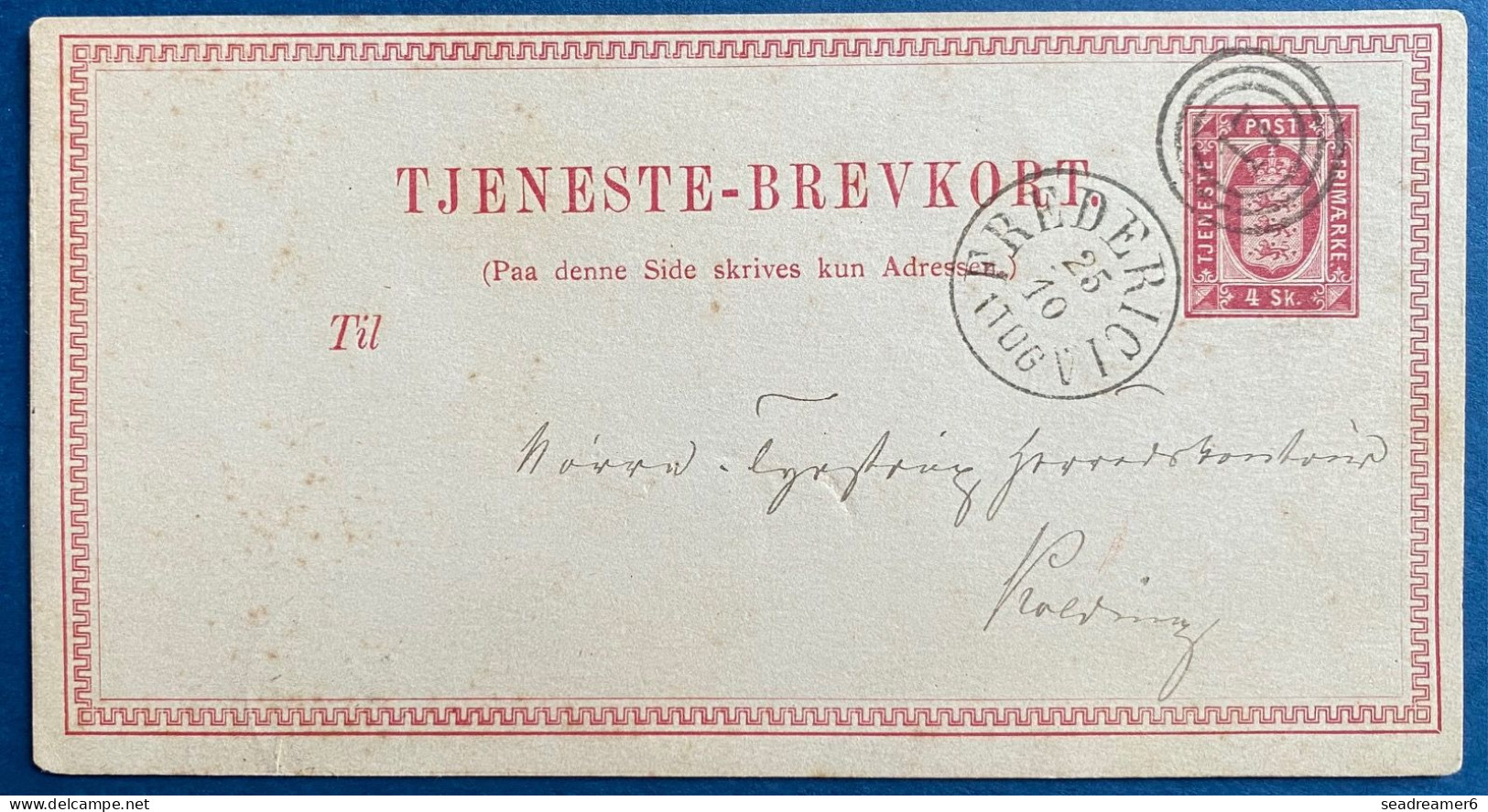 Postal Card Stationary DANEMARK 4Skilling Rouge Oblitéré Dateur De FREDERICIA + Cible 17 Pour KOLDING SUPERBE - Interi Postali