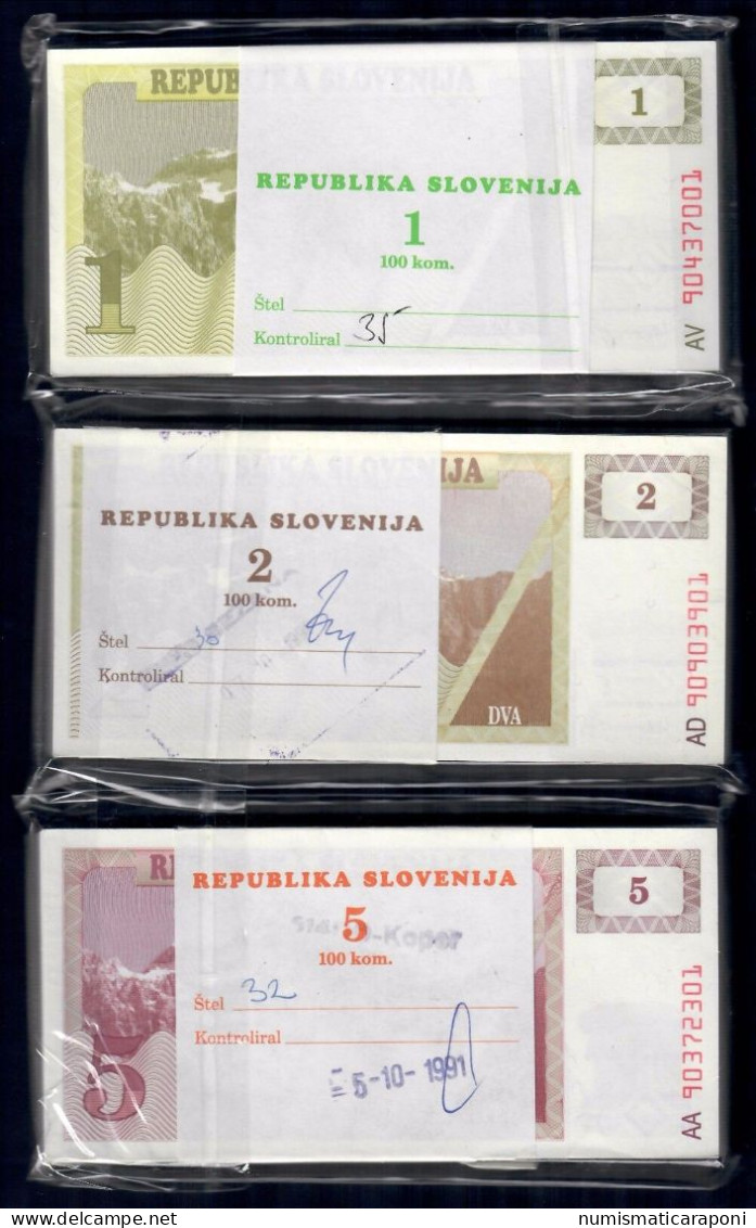 Slovenia 1 + 2 + 5 Tolar 1990 3 Mazzette Da 100 Cad 300 Biglietti Fds Unc - Slovénie