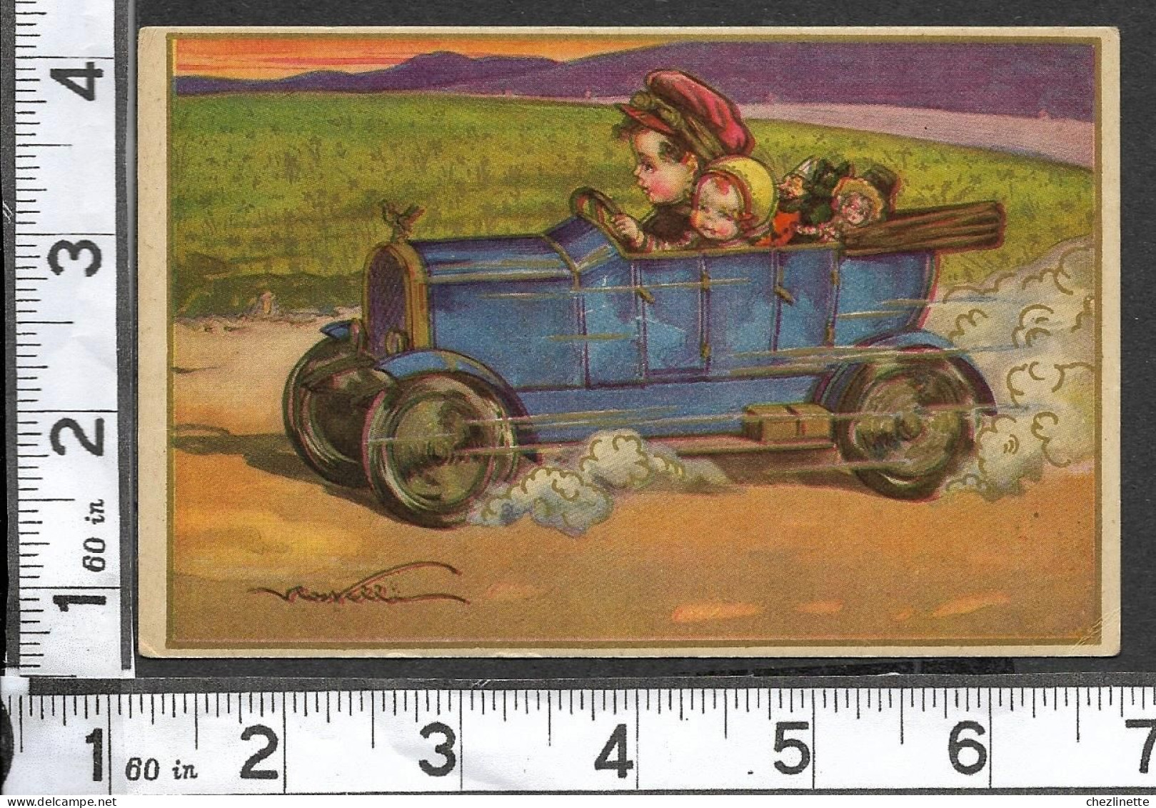 ILLUSTRATEUR V. CASTELLI / ILLUSTRATION ENFANTS AVEC JOUETS ROULENT A TOUTE ALLURE DANS UNE VOITURE - Castelli