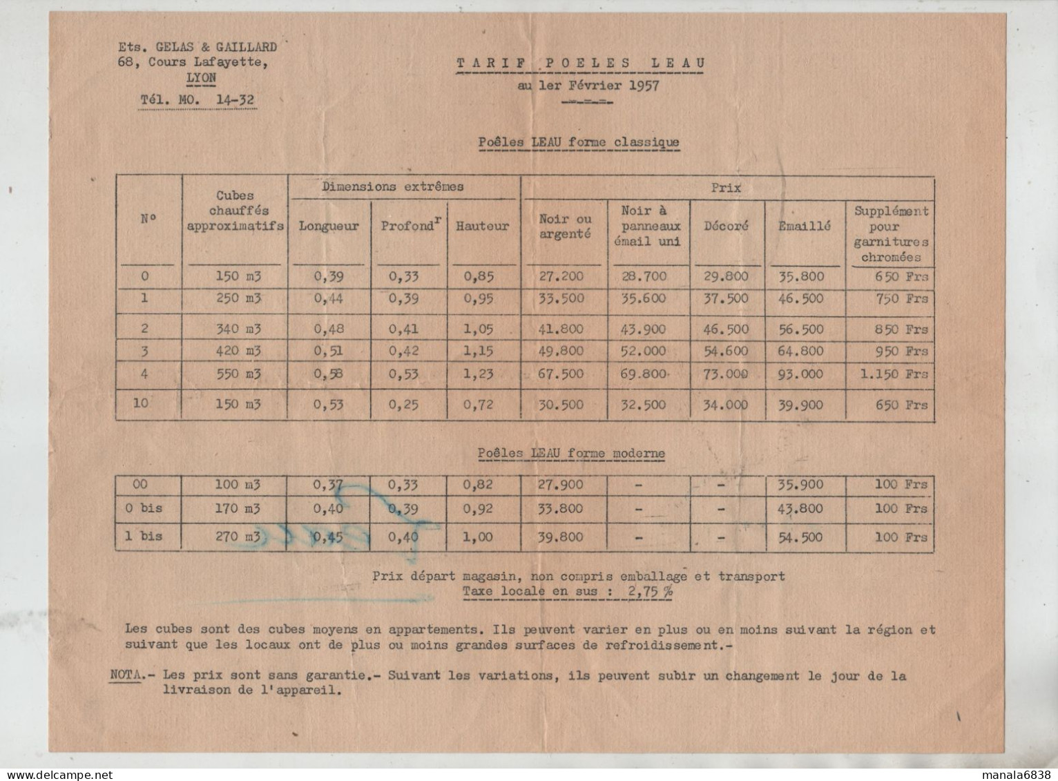Gelas Et Gaillard Lyon Tarifs Poêles Leau 1957 - Altri & Non Classificati