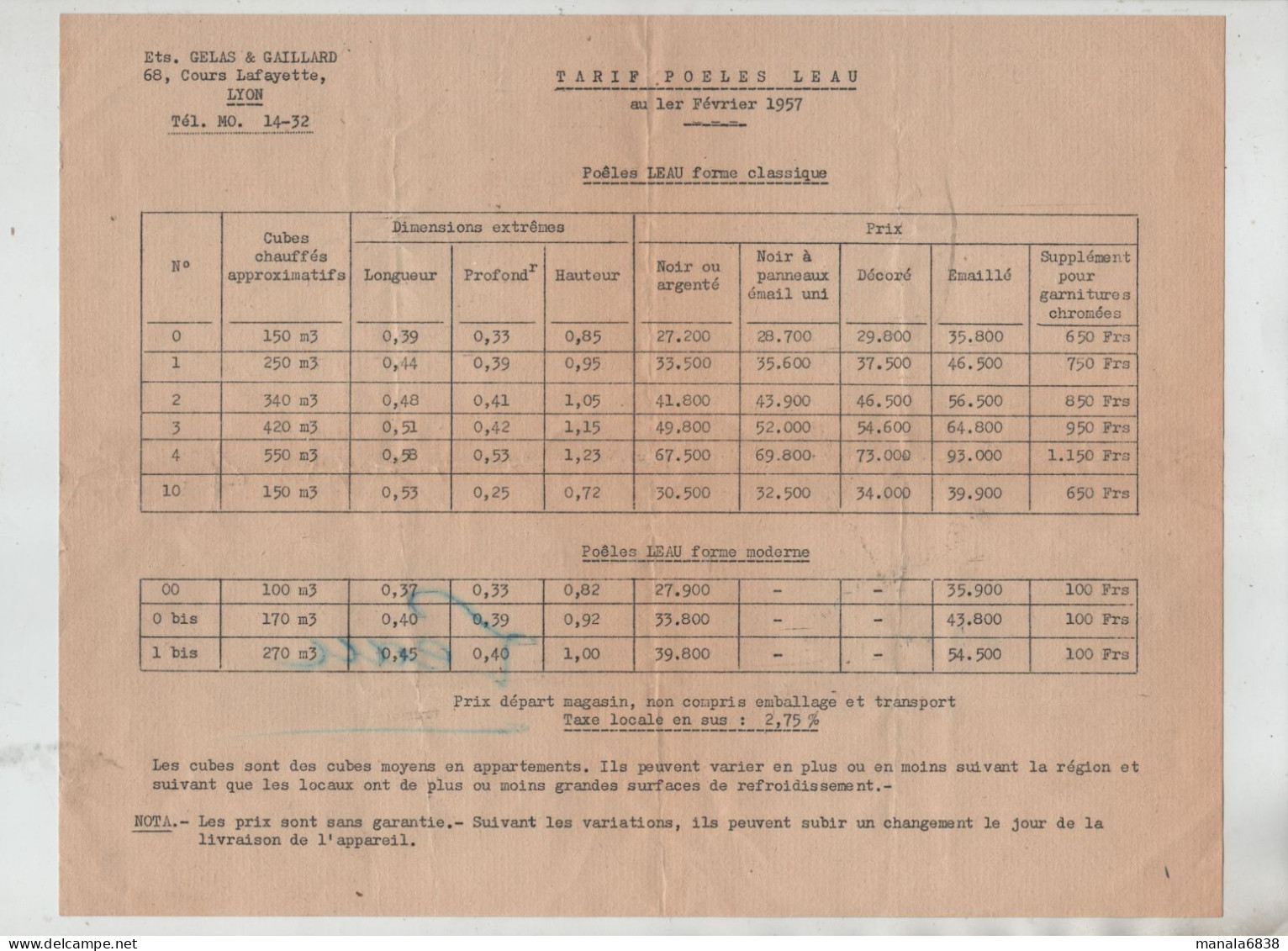 Gelas Et Gaillard Lyon Tarifs Poêles Leau 1957 - Autres & Non Classés