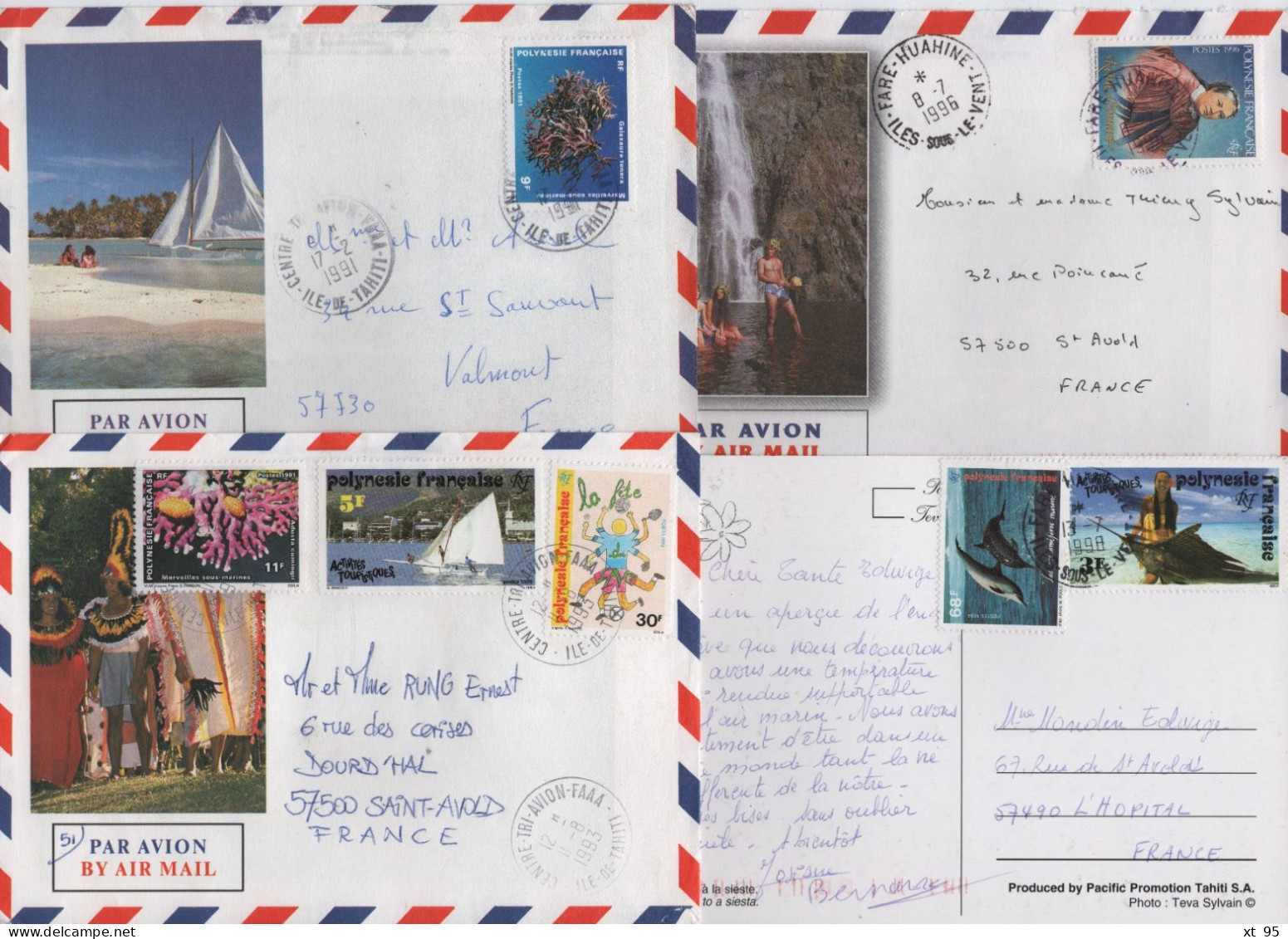 Tahiti - Centre De Tri Avion FAAA + Fare Huahine Iles Sous Le Vent - 3 Enveloppes + 1 Carte - Covers & Documents