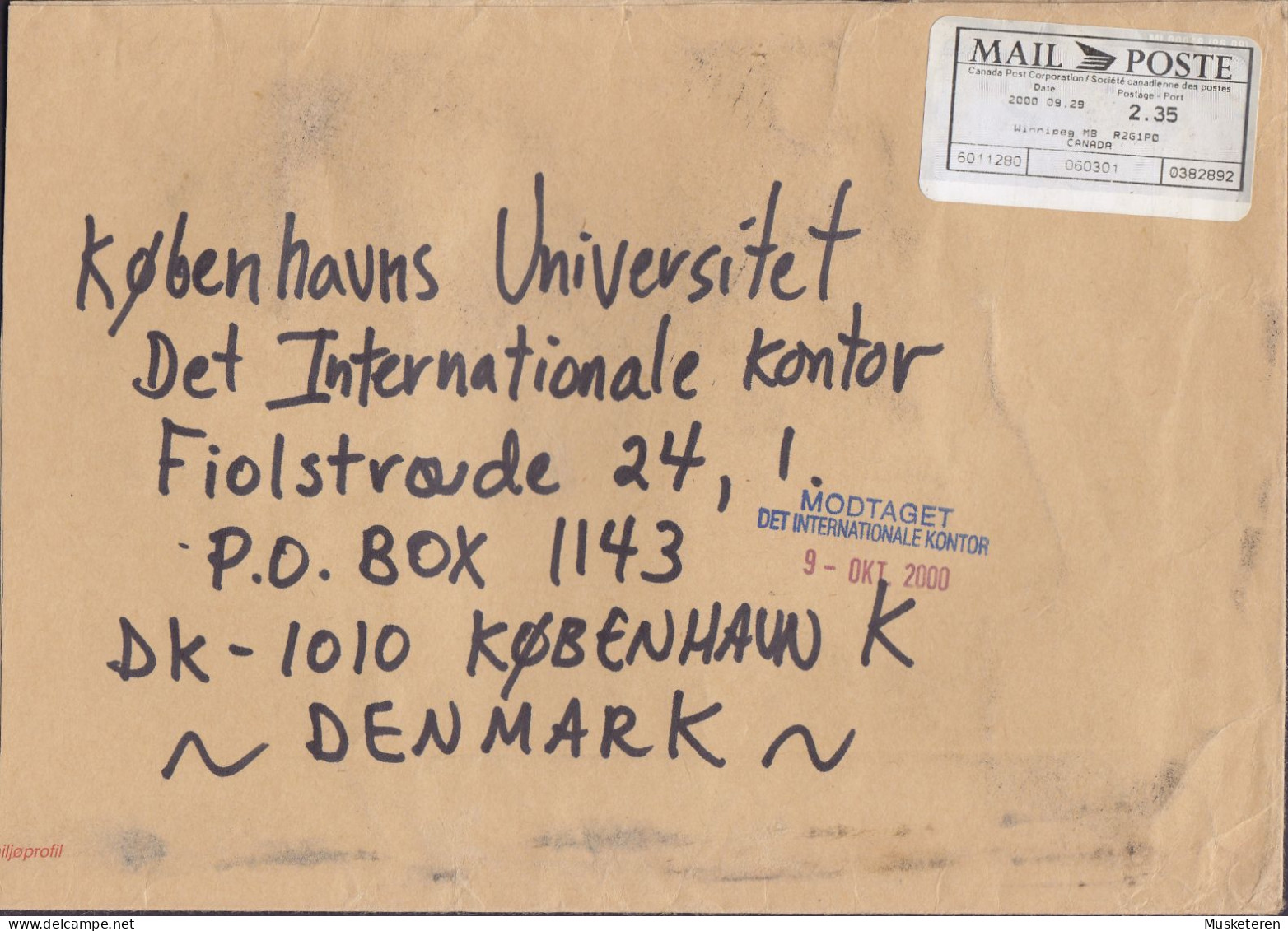 Canada POSTE MAIL Label, WINNIPEG 2000 Cover Lettre To Denmark - Airmail