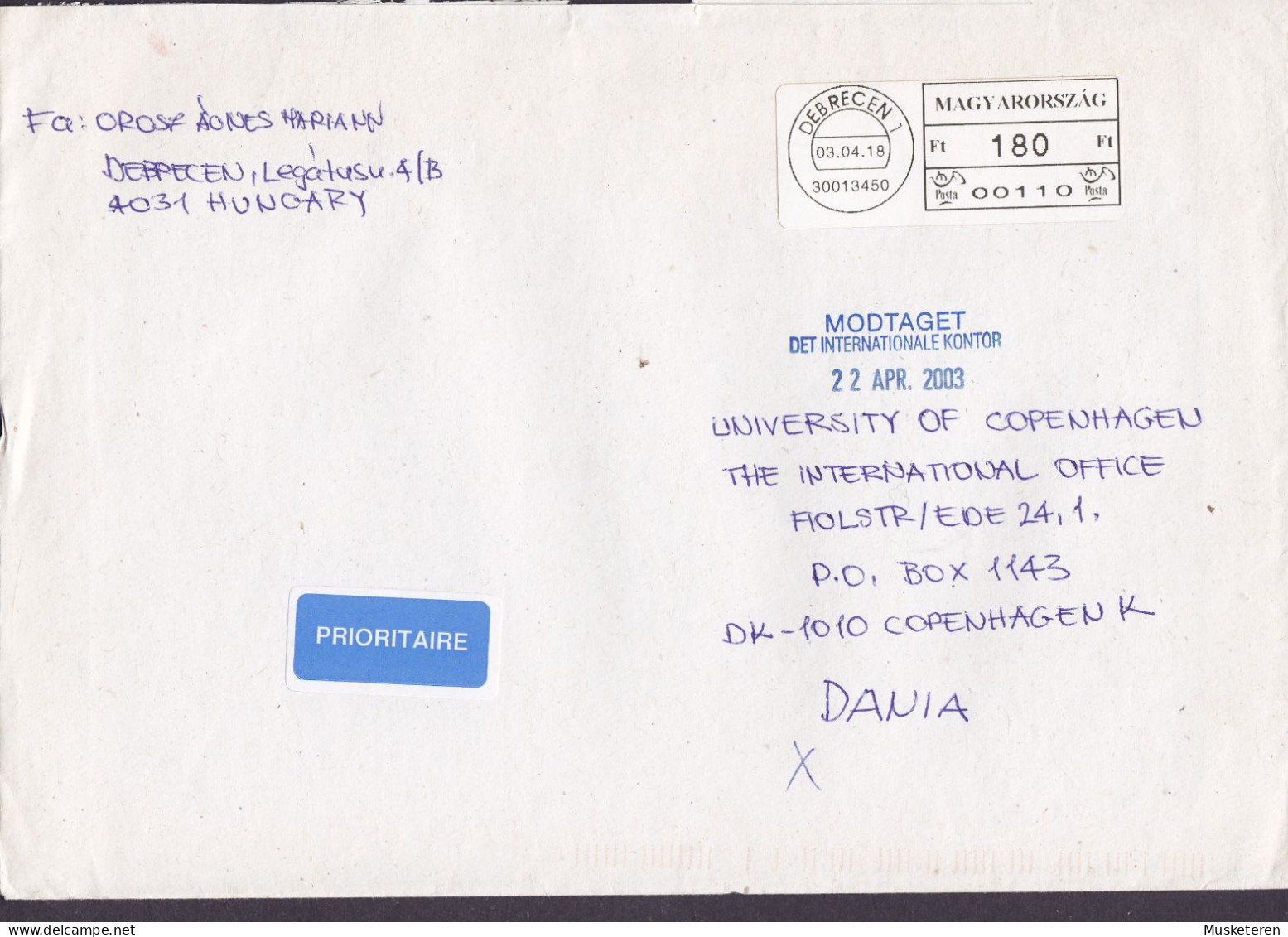 Hungary Ungarn PRIORITAIRE Label DEBRECEN 2003 Cover Brief Lettre To Denmark ATM / Frama Label - Automatenmarken [ATM]