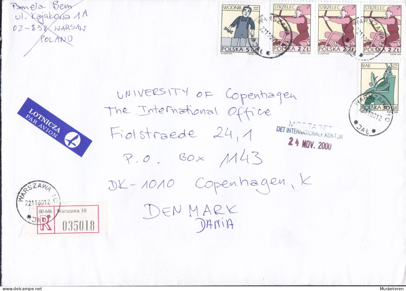 Poland LOTNICZA Par Avion & Registered Einschreiben Labels WARSZAWA 2000 Cover Brief Denmark 3-Stripe - Briefe U. Dokumente