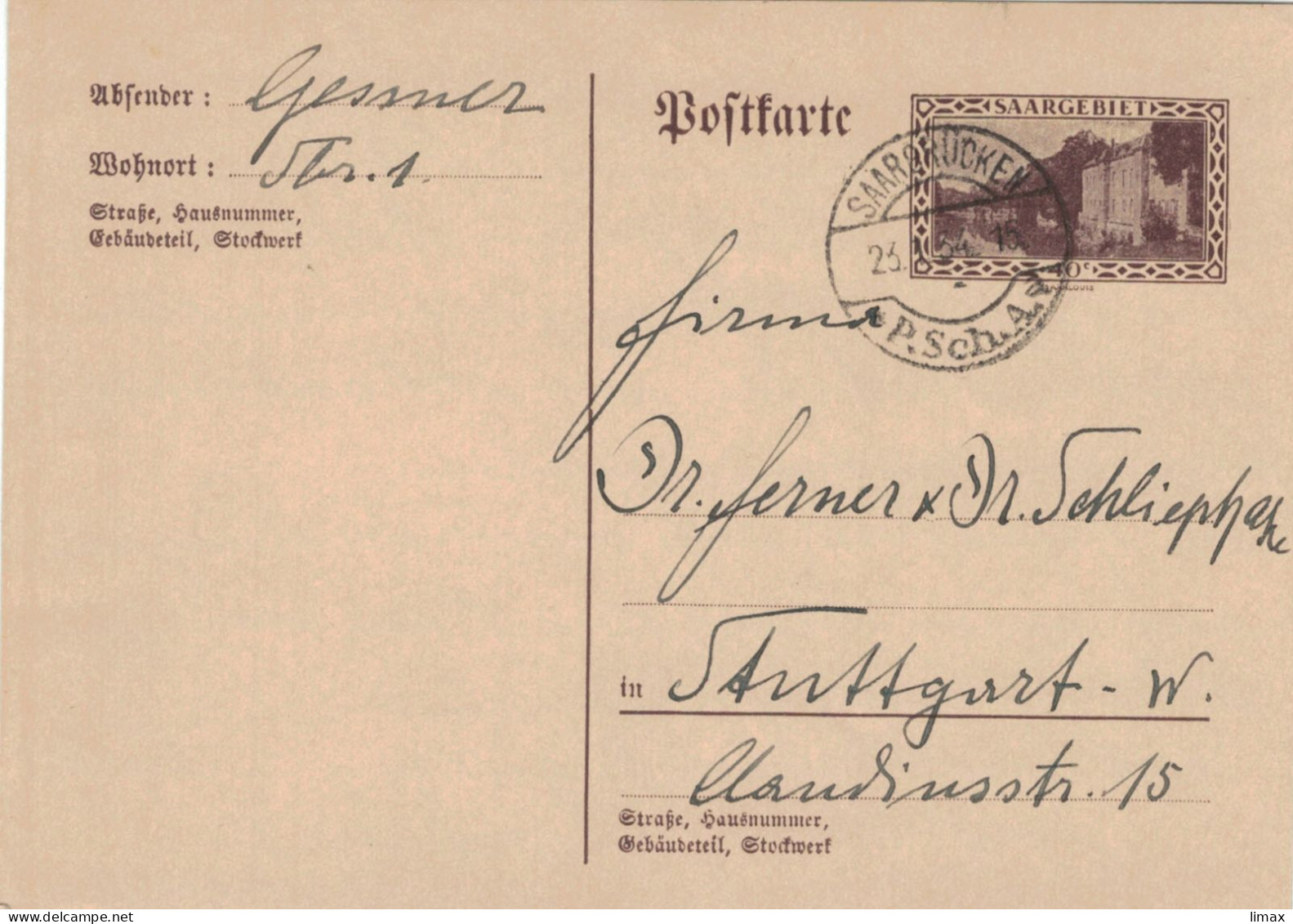 Ganzsache Saarlouis - Saarbrücken 1934 > Stuttgart - Enteros Postales