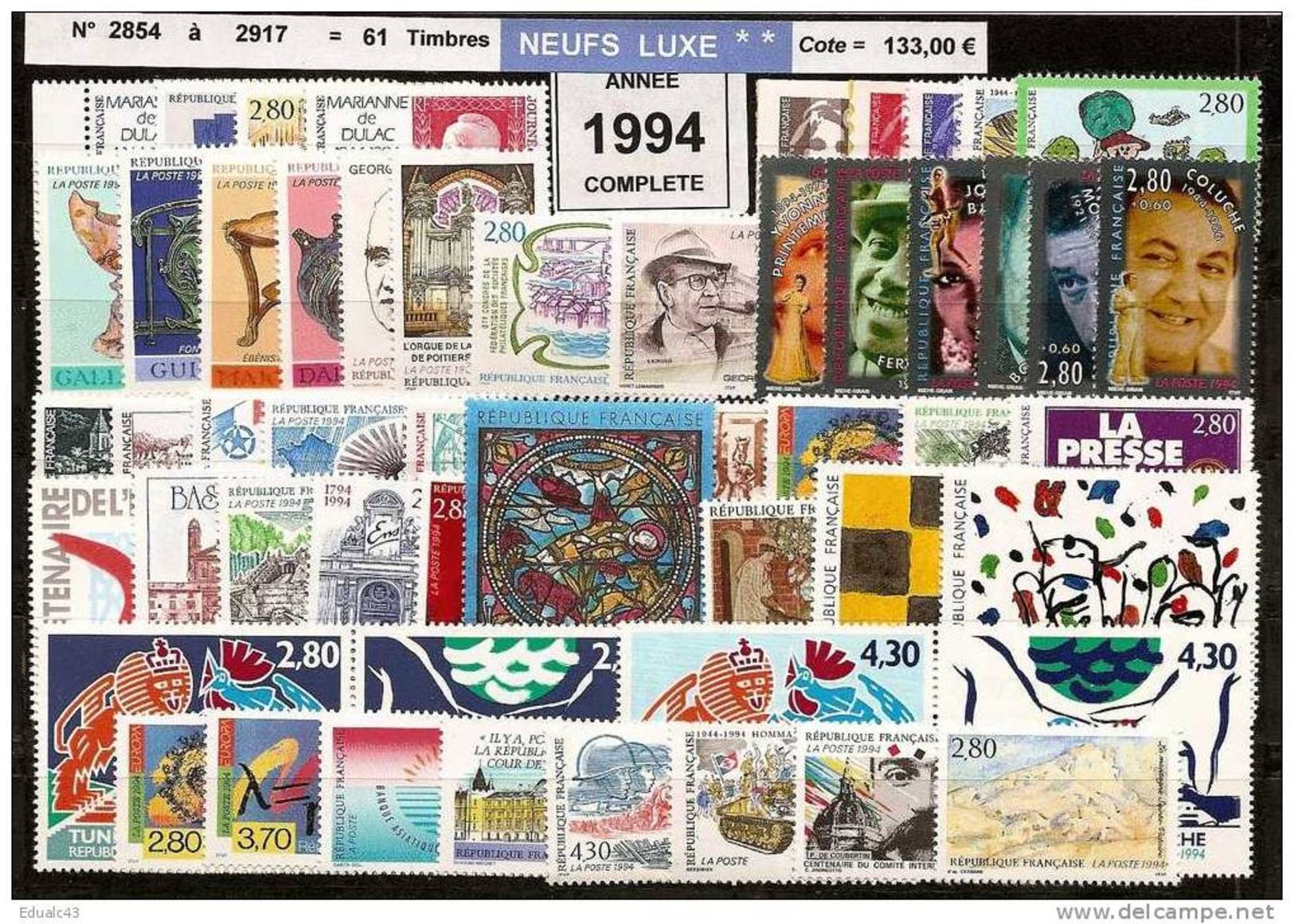 FRANCE - Année Complète 1994 - NEUF LUXE ** 61 Timbres - SUPERBE - 1990-1999