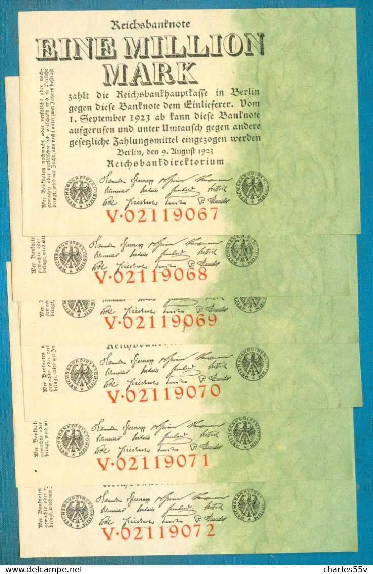 1000000 Mark 9.8.1923 Serie V - 6 Pcs    AUNC-UNC Consecutive Numbers - 1 Miljoen Mark