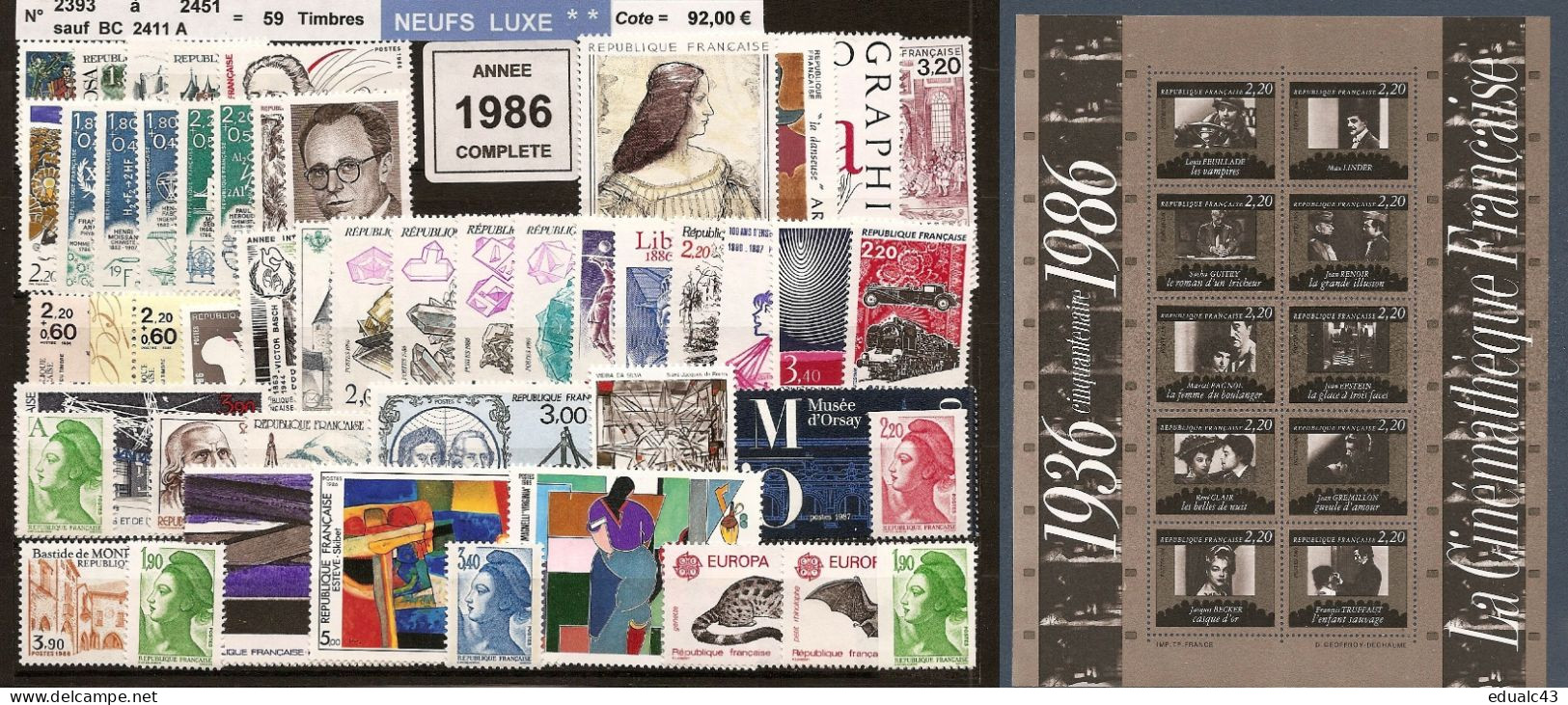 FRANCE - Année Complète 1986 - NEUF LUXE ** 59 Timbres - 1980-1989