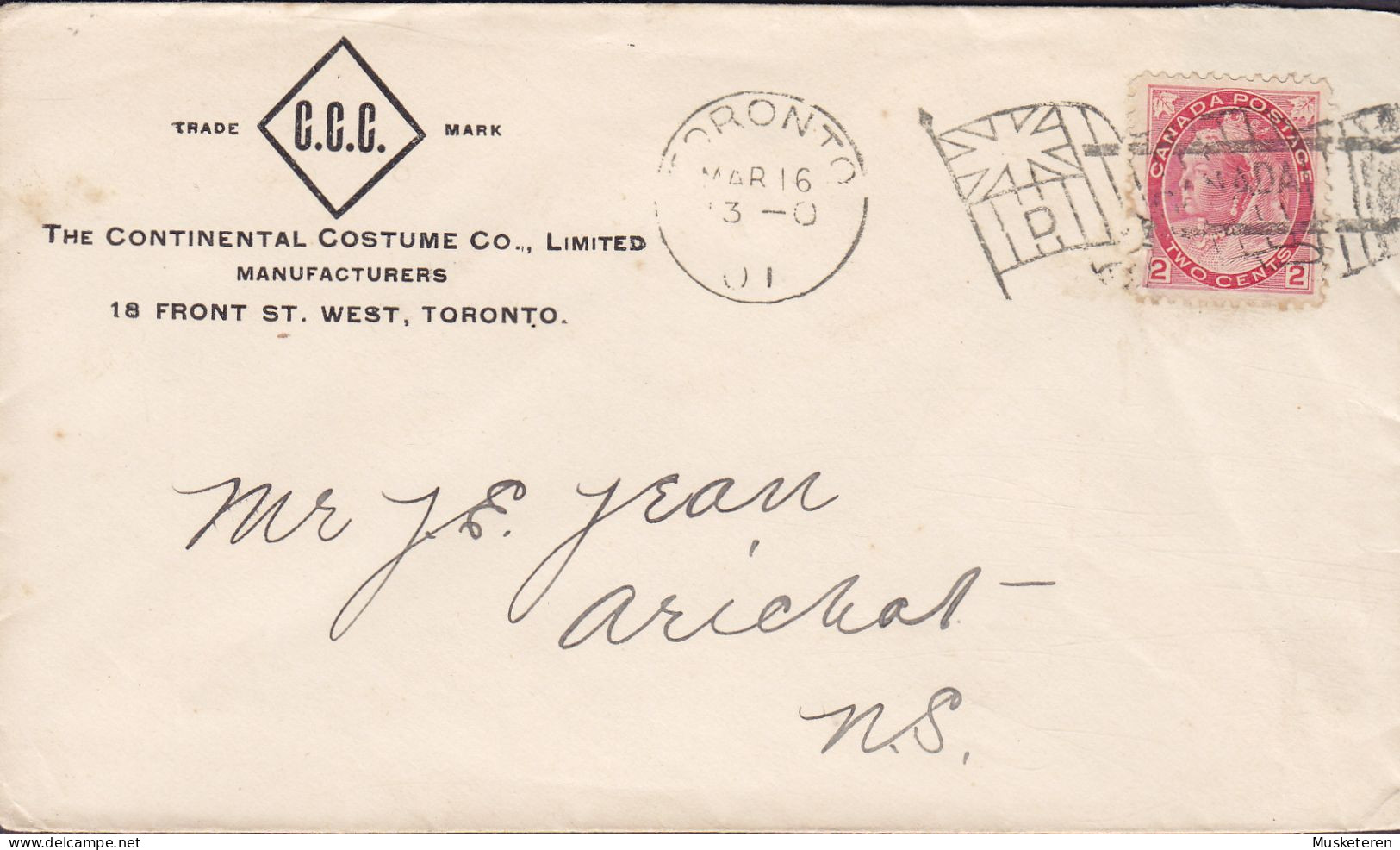 Canada THE CONTINENTAL COSTUME CO. Flamme 'Flag' TORONTO 1901 Cover Lettre ARICHAT (Arr.) Nova Scotia 2c. Victoria Stamp - Storia Postale